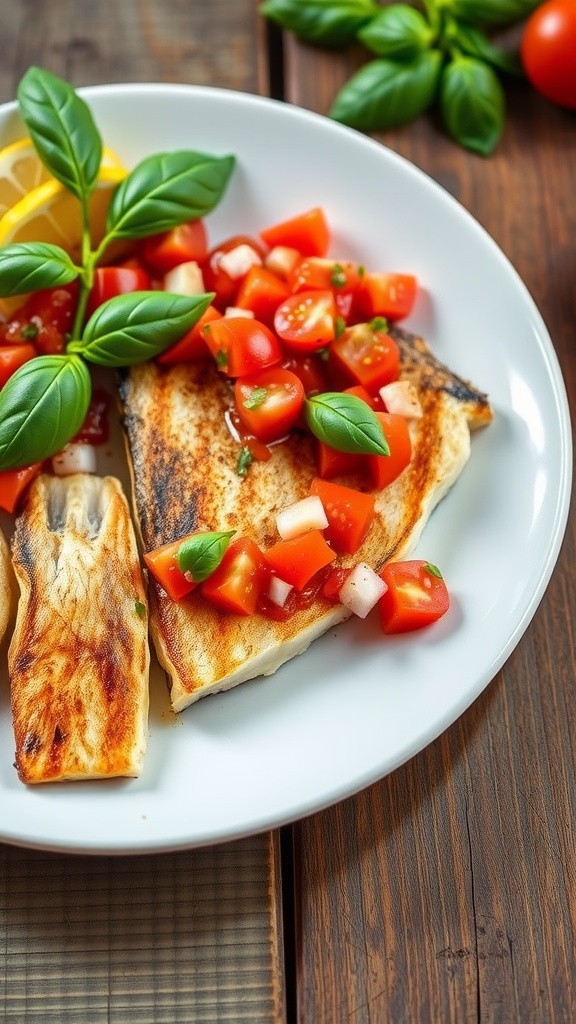 Grilled sea bass fillets topped with tomato basil salsa and lemon wedges on a rustic table.